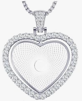 Custom Silver heart shaped pendant necklace with clear stones on a white background