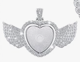 Heart-shaped pendant necklace with wings on a white background