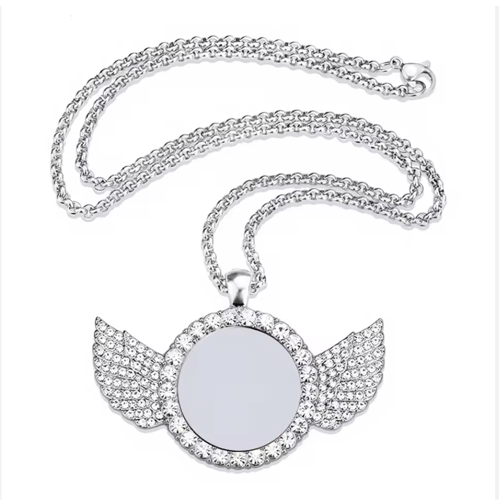custom rotating Silver necklace with angel wings pendant on a white background